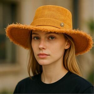 Mossimo Women's Orange Straw Sun Hat Button Frayed Brim